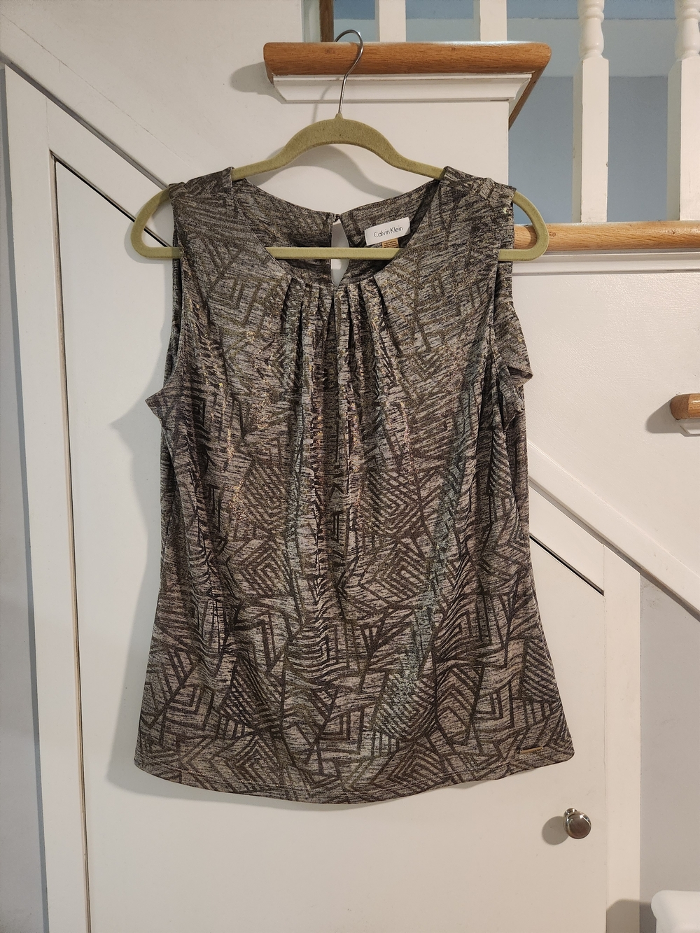 Calvin Klein Metallic Gold Geometric Pleated Sleeveless Tank Top Size XL VGUC
